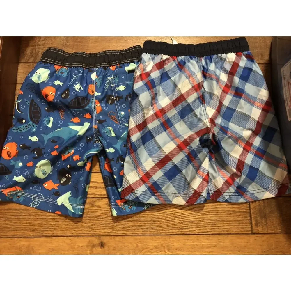 Gymboree Blue Red Orange Fish Plaid Bathing Suits size 7